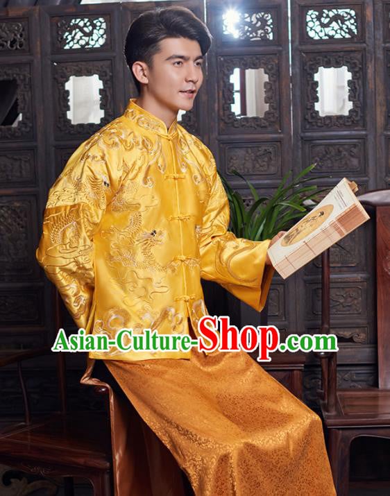 Chinese Traditional Wedding Golden Gown Ancient Bridegroom Embroidered Costumes for Men Chinese Traditional Wedding Golden Gown Ancient Bridegroom Embroidered Costumes for Men