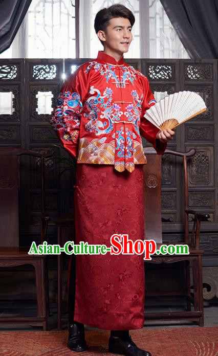 Chinese Traditional Wedding Red Mandarin Jacket Gown Ancient Bridegroom Embroidered Costumes for Men Chinese Traditional Wedding Red Mandarin Jacket Gown Ancient Bridegroom Embroidered Costumes for Men