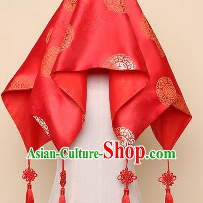 Chinese Traditional Wedding Hair Accessories Ancient Bride Red Silk Cover Headdress for Women