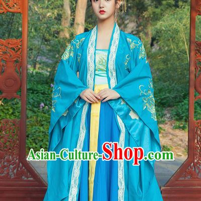 Traditional Chinese Tang Dynasty Imperial Consort Blue Hanfu Dress Ancient Drama Peri Goddess Costumes for Women
