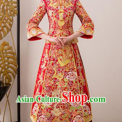 Chinese Traditional Bride Embroidered Cheongsam Ancient Handmade Xiuhe Suits Wedding Dress for Women