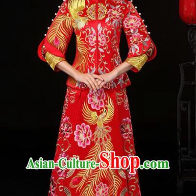 Chinese Traditional Embroidered Phoenix Peony Cheongsam Ancient Bride Handmade Xiuhe Suits Wedding Dress for Women