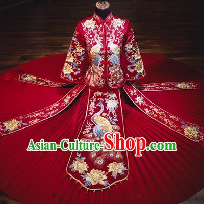 Chinese Traditional Embroidered Cranes Cheongsam Ancient Bride Handmade Xiuhe Suits Wedding Dress for Women