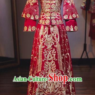 Chinese Traditional Embroidered Wedding Dress Cheongsam Ancient Bride Handmade Xiuhe Suits Costumes for Women