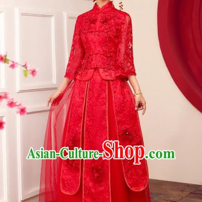 Chinese Traditional Wedding Dress Ancient Bride Embroidered Lace Xiuhe Suits Costumes for Women