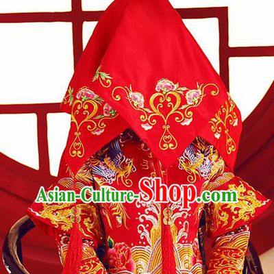 Chinese Traditional Wedding Hair Accessories Ancient Bride Embroidered Peony Red Cover Headdress for Women