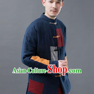 Chinese Traditional Tang Suits National Shirts Mandarin Navy Cotton Padded Jacket for Men