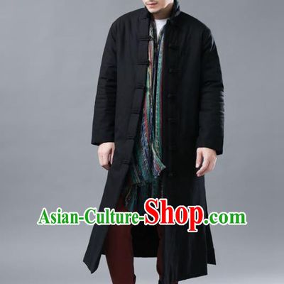 Chinese Traditional Costume Tang Suits National Mandarin Black Cotton Padded Long Coat for Men
