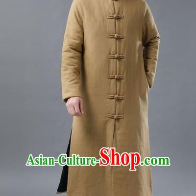 Chinese Traditional Costume Tang Suits National Mandarin Khaki Cotton Padded Long Coat for Men