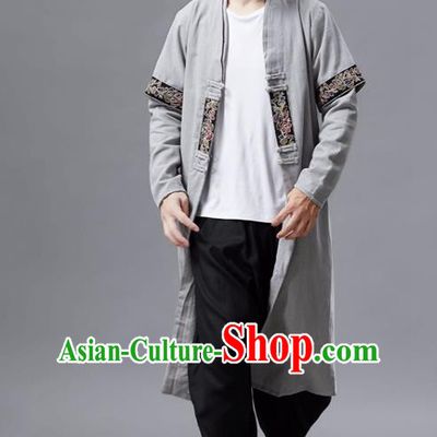 Chinese Traditional Costume Tang Suit Grey Dust Coat National Mandarin Gown for Men