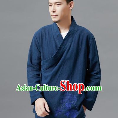 Chinese Traditional Costume Tang Suit Navy Shirts National Mandarin Outer Garment for Men