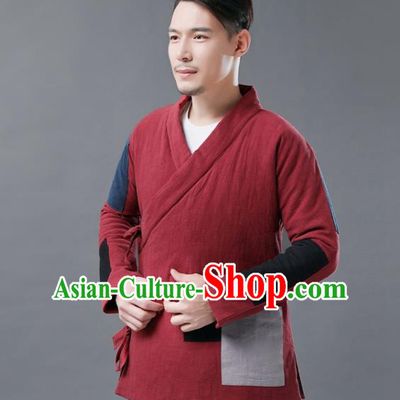 Chinese Traditional Costume Tang Suits Cotton Padded Jacket National Red Mandarin Shirt for Men