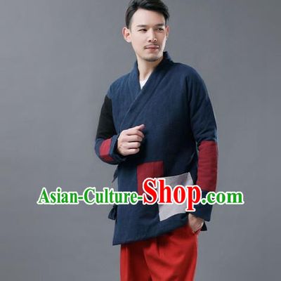 Chinese Traditional Costume Tang Suits Cotton Padded Jacket National Navy Mandarin Shirt for Men