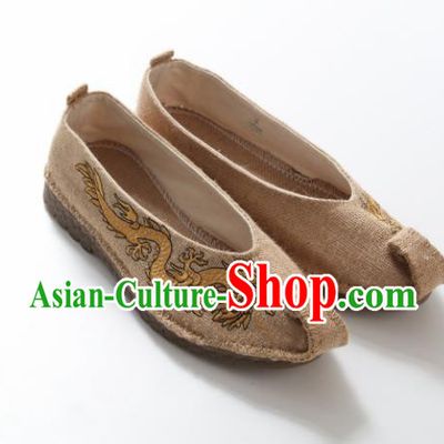 Chinese Traditional Martial Arts Shoes Kung Fu Shoes Embroidered Dragon Beige Linen Monk Shoes for Men