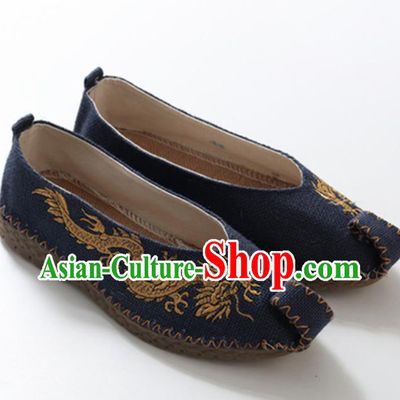 Chinese Traditional Martial Arts Shoes Kung Fu Shoes Embroidered Dragon Navy Linen Monk Shoes for Men