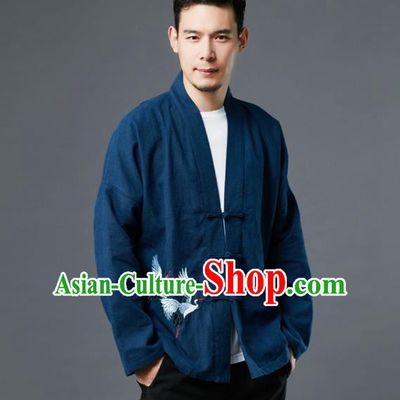 Chinese Traditional Costume Tang Suit Embroidered Cranes Navy Shirts National Mandarin Jacket for Men