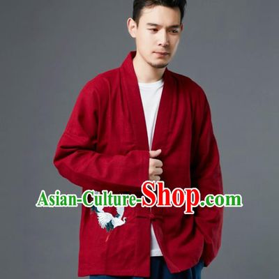 Chinese Traditional Costume Tang Suit Embroidered Cranes Red Shirts National Mandarin Jacket for Men