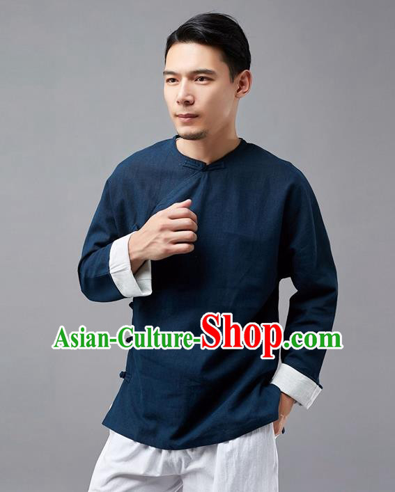 Chinese Traditional Costume Tang Suit Navy Shirts National Mandarin Jacket for Men