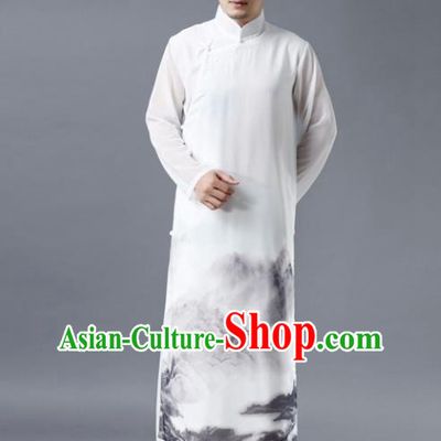 Chinese Traditional Costume Tang Suit White Robe National Mandarin Gown for Men
