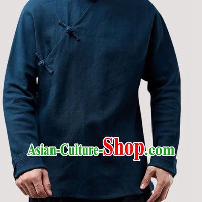 Chinese Traditional Costume Tang Suit Navy Shirt National Mandarin Upper Outer Garment for Men