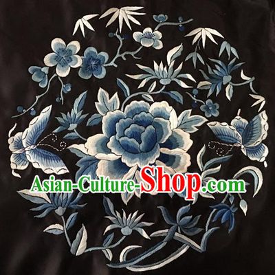 Chinese Traditional Embroidery Craft Embroidered Blue Peony Butterfly Silk Patches Handmade Embroidering Accessories