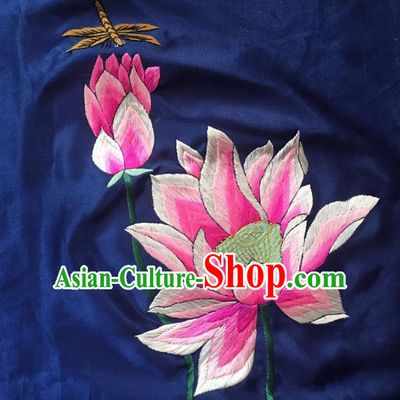 Chinese Traditional Embroidery Craft Embroidered Lotus Blue Silk Patches Handmade Embroidering Accessories