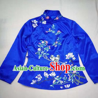 Chinese Traditional Costume Tang Suit Embroidered Blue Blouse National Silk Qipao Shirt for Women