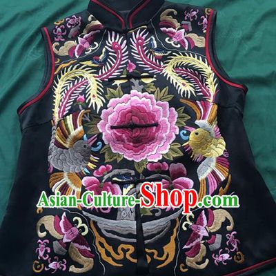Chinese Traditional Costume Tang Suit Embroidered Peony Black Vest National Silk Qipao Waistcoat for Women