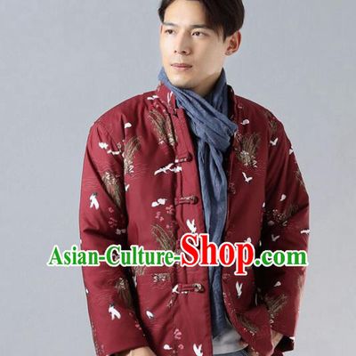 Chinese Traditional Costume Tang Suit Red Cotton Padded Jacket National Mandarin Overcoat for Men