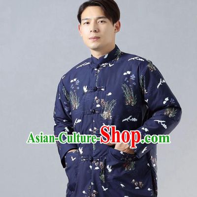 Chinese Traditional Costume Tang Suit Navy Cotton Padded Jacket National Mandarin Overcoat for Men