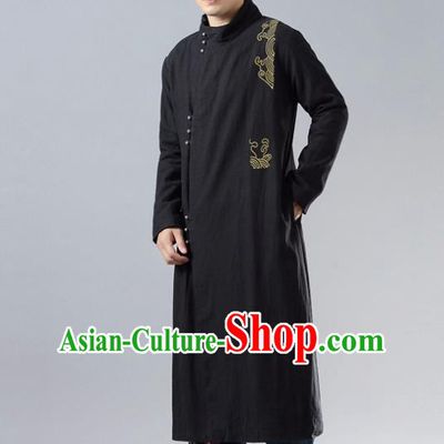 Chinese Traditional Costume Tang Suit Black Cotton Padded Robe National Mandarin Overcoat for Men