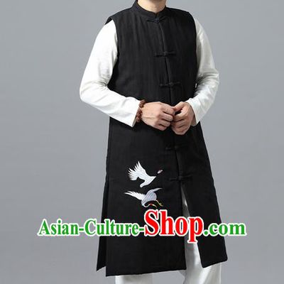 Chinese Traditional Costume Tang Suit Black Cotton Padded Vest National Mandarin Overcoat for Men