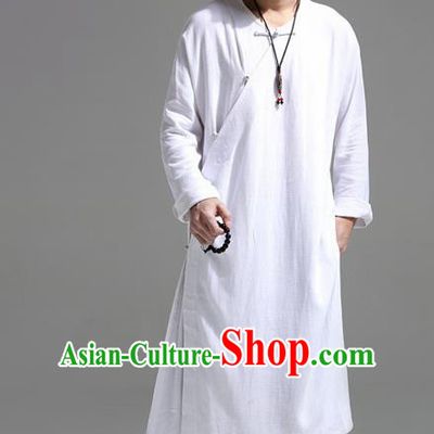 Chinese Traditional Costume Tang Suit White Slant Opening Robe National Mandarin Overcoat for Men