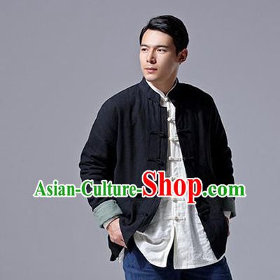 Chinese Traditional Costume Tang Suit Overcoat National Mandarin Black Jacket for Men
