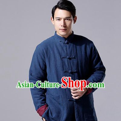 Chinese Traditional Costume Tang Suit Overcoat National Mandarin Navy Jacket for Men
