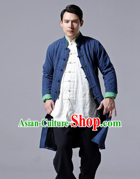 Chinese Traditional Costume Tang Suit Navy Overcoat National Mandarin Dust Coat for Men Chinese Traditional Costume Tang Suit Navy Overcoat National Mandarin Dust Coat for Men