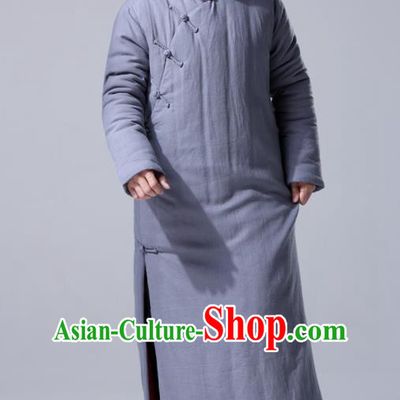 Chinese Traditional Costume Tang Suit Grey Cotton Wadded Robe National Mandarin Dust Coat for Men