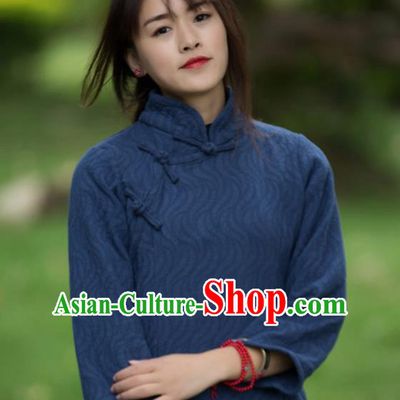 Chinese Traditional Costume Tang Suit Navy Shirts National Qipao Blouse for Women