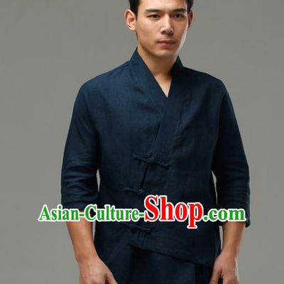 Chinese Traditional Costume Tang Suit Navy Shirt National Mandarin Upper Outer Garment for Men