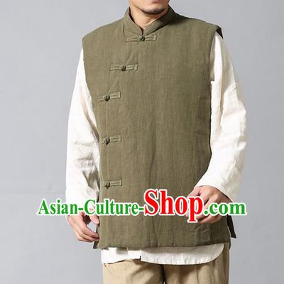 Chinese Traditional Costume Tang Suit Waistcoat National Army Green Mandarin Vest Upper Outer Garment for Men