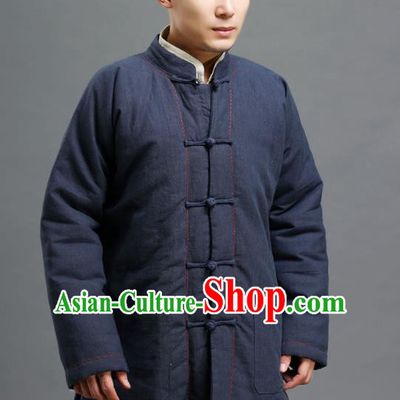 Chinese Traditional Costume Tang Suit Navy Overcoat National Mandarin Cotton Wadded Jacket for Men