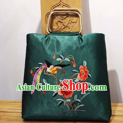 Chinese Traditional Handmade Embroidery Craft Embroidered Peony Green Handbag