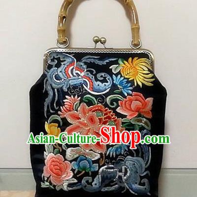 Chinese Traditional Handmade Embroidery Craft Embroidered Peony Black Handbag