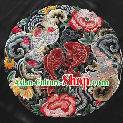 Chinese Traditional Embroidered Fishes Peony Silk Patches Handmade Embroidery Craft