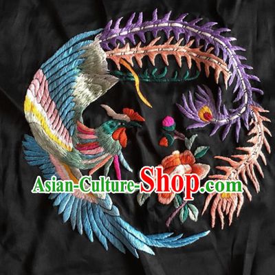 Chinese Traditional Handmade Embroidery Craft Embroidered Cloth Patches Embroidering Phoenix Peony Silk Piece