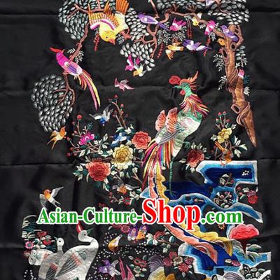 Chinese Traditional Embroidered Phoenix Black Silk Patches Handmade Embroidery Craft Cloth Fabric