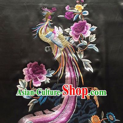 Chinese Traditional Embroidered Phoenix Peony Black Silk Patches Handmade Embroidery Craft Cloth Fabric