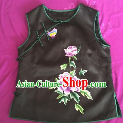 Chinese Traditional Costume Tang Suit Embroidered Peony Black Vest Silk Waistcoat for Women