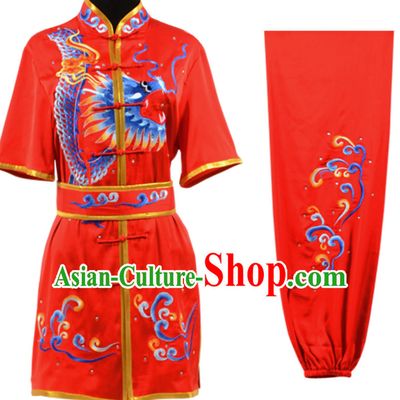 Lucky Red Top Short Sleeves Chinese Embroidered Dragon Tai Chi Outfit Martial Arts Uniforms Complete Set for Men or Women