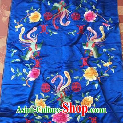 Chinese Traditional Handmade Embroidery Craft Embroidered Royalblue Cloth Patches Embroidering Phoenix Peony Silk Piece